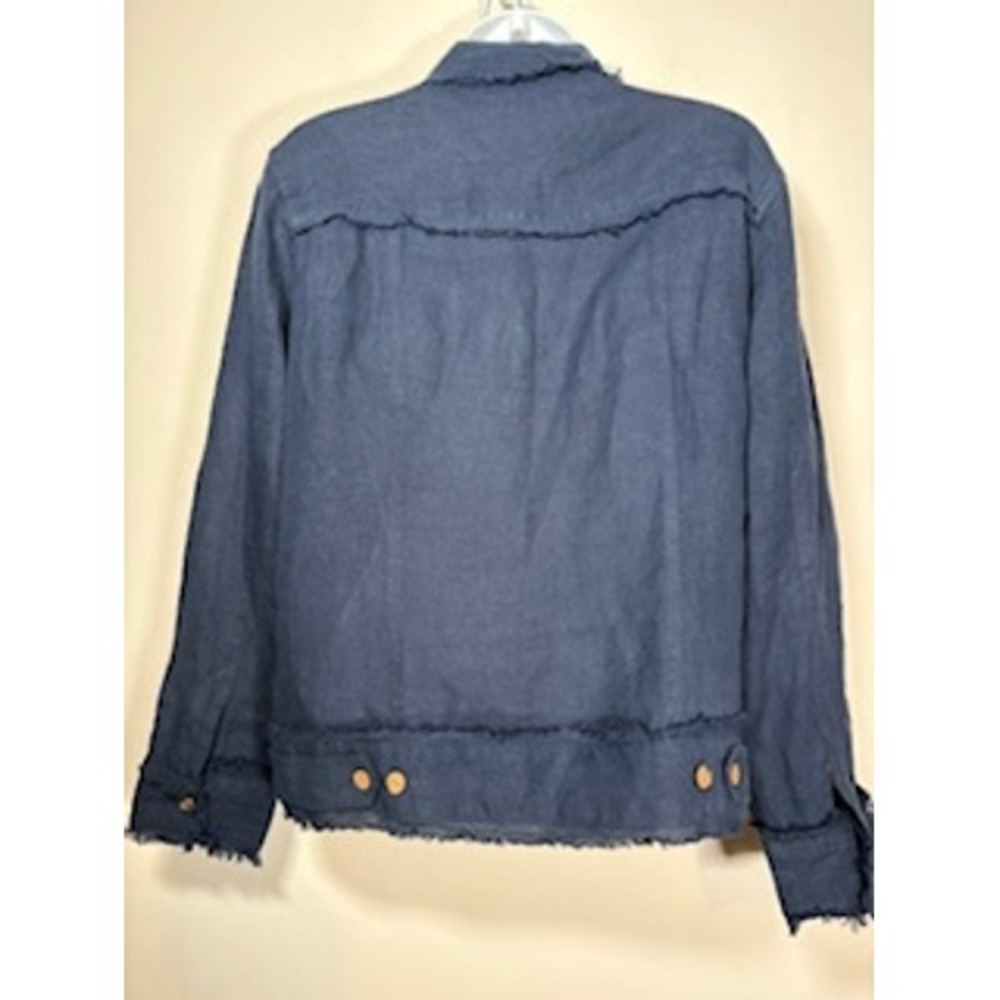 CROWN LINEN DESIGNS Jacket S Navy Blue Fringed Raw Hem Linen Shacket Coastal - Picture 4 of 7